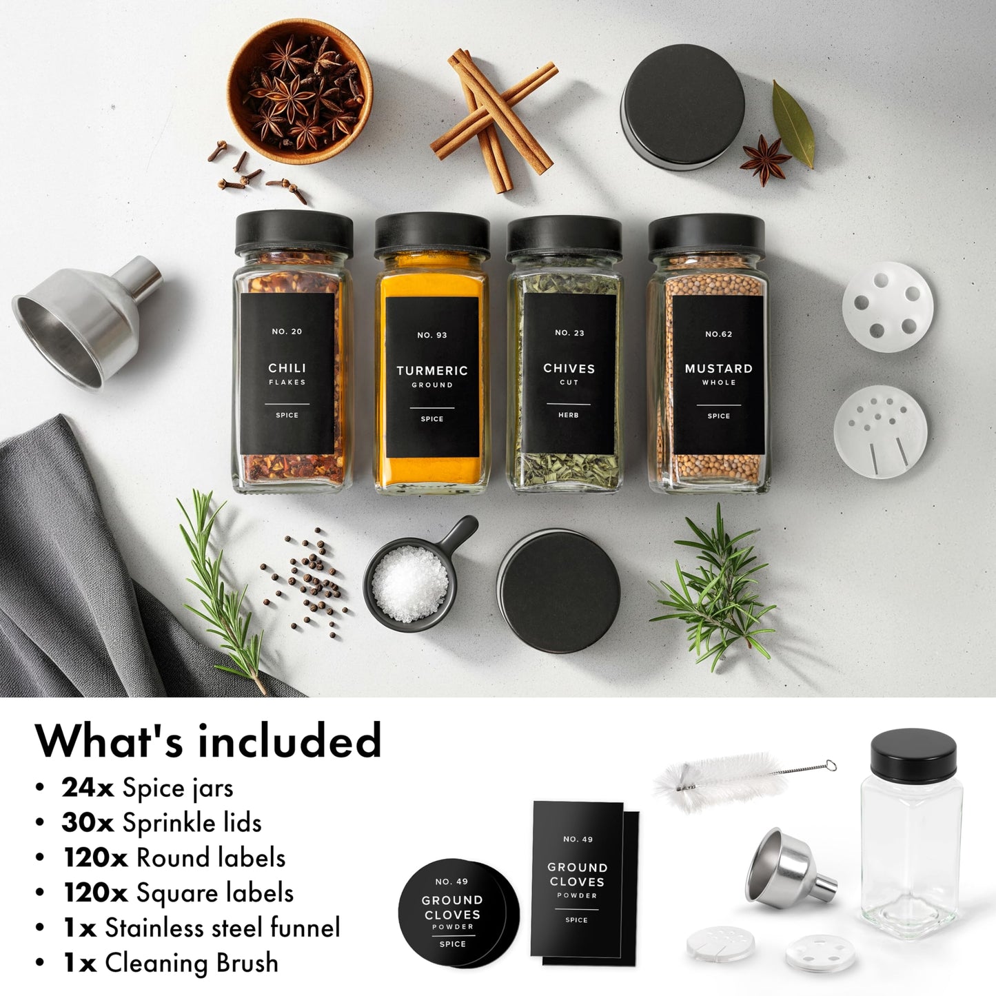 EDELHAUS Glass Spice Jars with Label and Stainless Steel Lids (24 x 4oz) Spice Containers with 240 Labels, Shaker Inserts, Steel Funnel, Empty Square Empty Square Seasoning Organizer (Black)