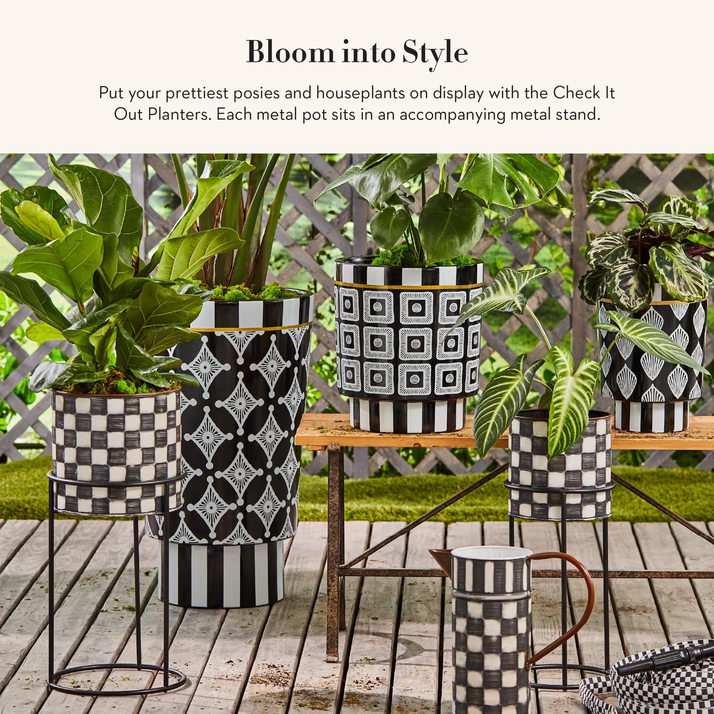 MACKENZIE-CHILDS Set of 2 Check It Out Metal Planters, Black-and-White Garden Planter