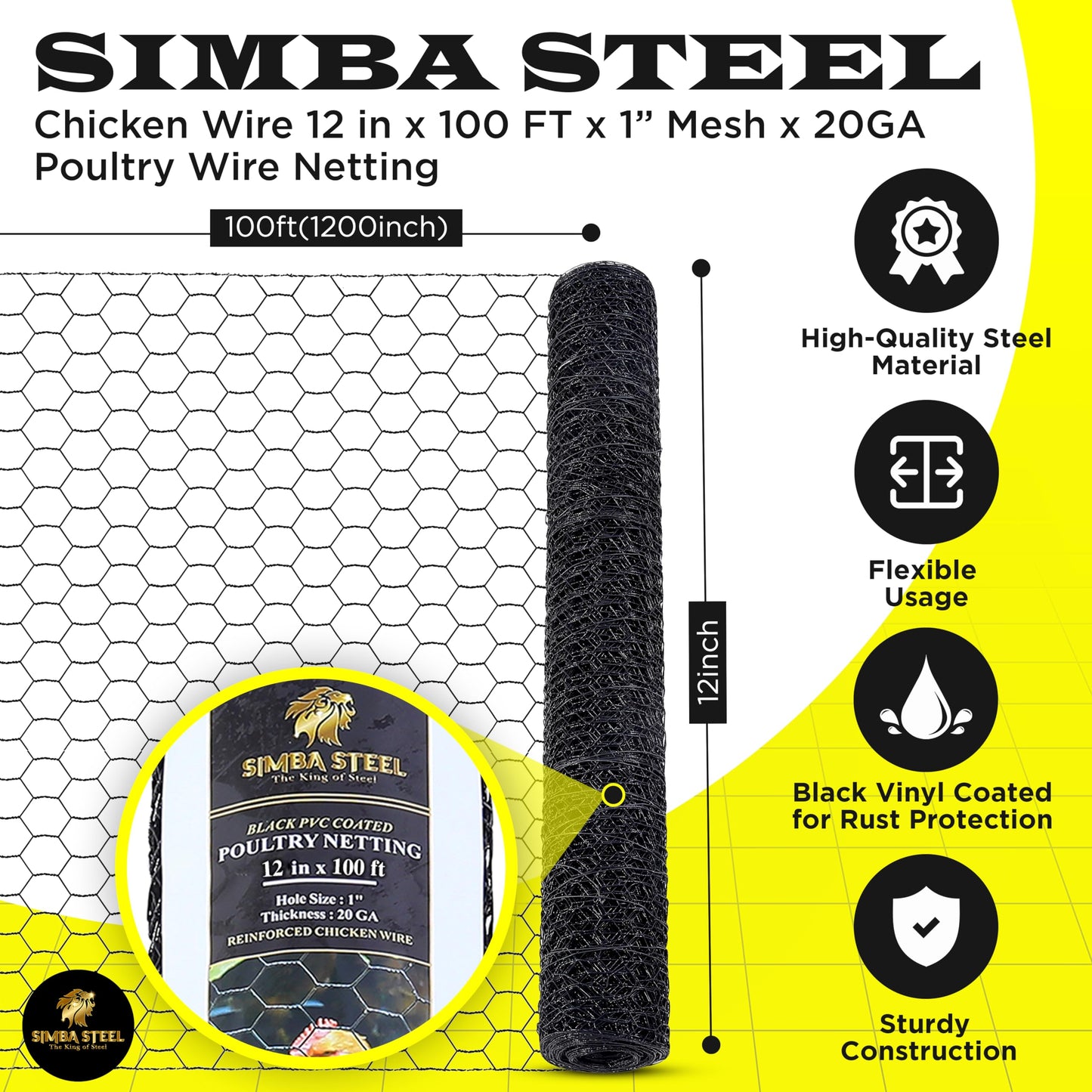 SIMBA STEEL - 12” x 100 FT PVC Hexagonal Poultry Netting Chicken Wire | 1" Mesh | 20 Gauge | Black PVC Vinyl Coated | Rust Proof | for Garden, Fence, Chicken, Rabbit (PVC 12 x 100)