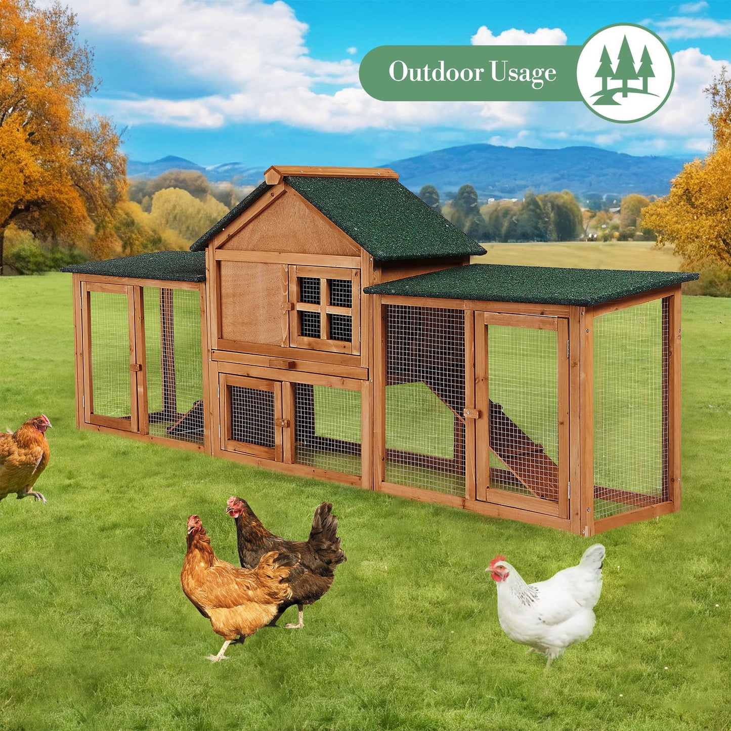 GarveeLife 80in Wooden Rabbit Hutch, Outdoor Chicken Coop, Bunny Hutch Guinea Pig Pet House Bunny Cage with Double Side Runs, Weatherproof Roof, Removable Tray, Ramps for Small Animals