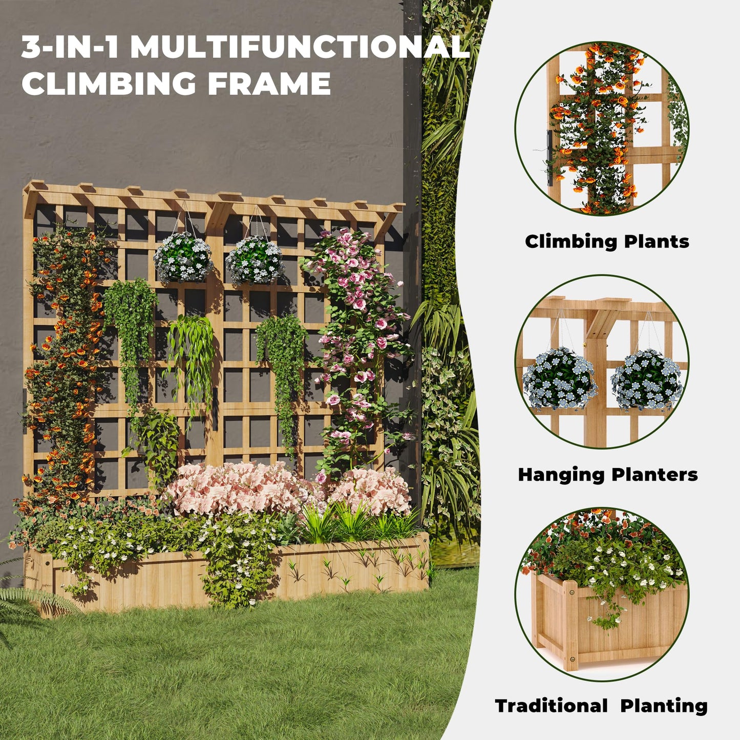 Dual-Section Elevated Wood Planter Box with Trellis - Outdoor Raised Garden Bed with Hanging Roof, 1.4ft Deep Large Planter for Climbing Plants, Vegetables & Flowers (8 Drainage Holes)