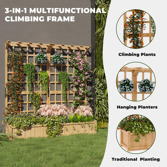 Dual-Section Elevated Wood Planter Box with Trellis - Outdoor Raised Garden Bed with Hanging Roof, 1.4ft Deep Large Planter for Climbing Plants, Vegetables & Flowers (8 Drainage Holes)