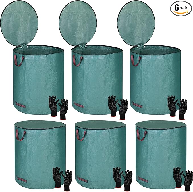 Eaasty 6 Pack 72 Gallon Leaf Bags Collapsible Lawn Bags Reusable Garden Bags Heavy Duty Yard Waste Bags Leaf Container with Zippered Lid Handle 6 Pairs Gardening Gloves for Cleaning Debris Trash