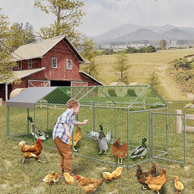 Large Metal Chicken Coop 10' x 3.3" x 3.3" Chicken Runs with Waterproof and Anti-UV Cover,3 Doors,Outdoor Hen House for Yard, Walk in Poultry Cage for Rabbit Duck Goose
