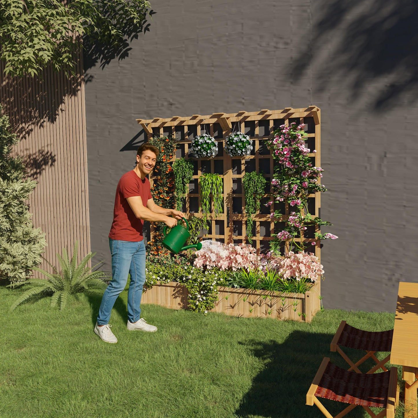 Dual-Section Elevated Wood Planter Box with Trellis - Outdoor Raised Garden Bed with Hanging Roof, 1.4ft Deep Large Planter for Climbing Plants, Vegetables & Flowers (8 Drainage Holes)