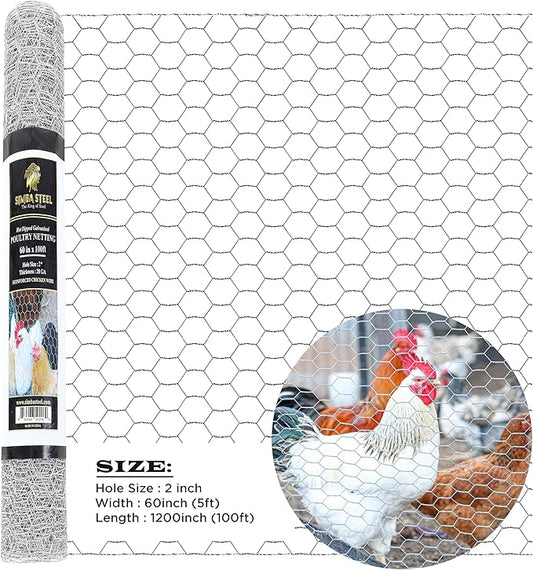 Chicken Wire 60 in x 100 FT x 2” Mesh x 20GA | Poultry Wire Netting | Hot Dipped Galvanised | Hexagonal Galvanized Mesh for Chicken Coop, Rabbit Cage, Fence Barrier PM60x100x2