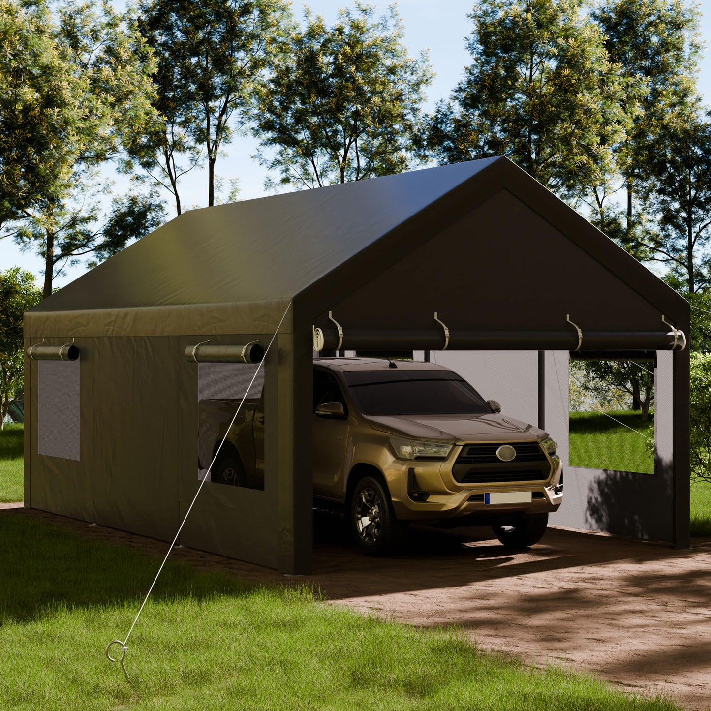 Shintenchi Carport 12' x 20' Heavy Duty Portable Garage, Carport Canopy with Side-Opening Door & Roll-Up Windows, Car Canopy for Truck,Car,Boat,Grey