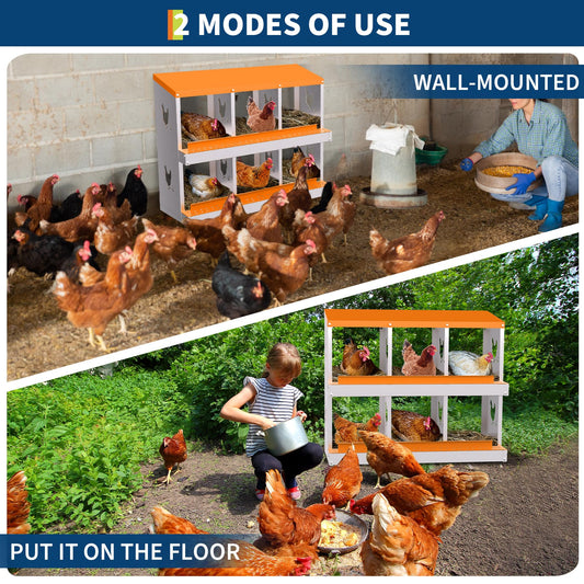 Chicken Nesting Boxes, 6-Hole Roll Away Nest Box for Chicken Coop, Metal Egg Laying Box with Perch & Lid Cover to Protect Eggs, Rollout Egg Collection, Vented Holes Orange