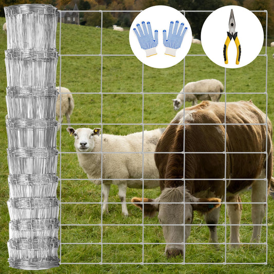 Toriexon Farm Fence 4FT x 164FT, Livestock Fence, Goat Fence, Galvanized Cattle Fence, Heavy Zinc Coating Wire Fencing, Hog Wire Fencing Perfect for Pest Control, Livestock & Animals Protection