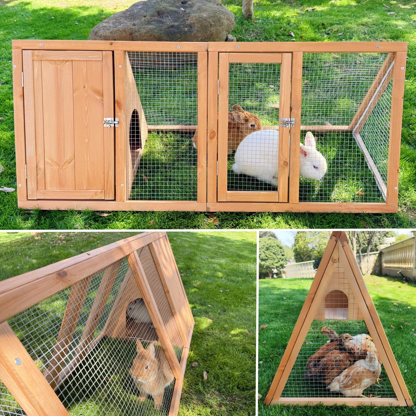 Kecreque Rabbit Hutch Outdoor Chicken Coop Run A-Frame Bunny Cage Wooden Quail Cage w/ 2 Door & Ventilated Wire Fence Small Animal Cage for Garden Backyard Farms 47 x 18 x 19.5 in