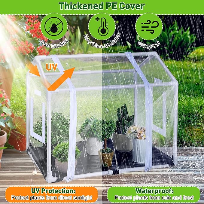 Meonum Mini Greenhouse with Potting Mat for Indoor Plant, Heavy Duty Portable Green House with Waterproof Pot Pad for Small Plants, Clear Small Plant Tent for Seed Humidity
