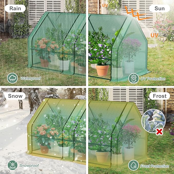 Aoodor 6 x 3 x 3 ft Mini Greenhouse with 2 Zipper Doors, Water-Resistant, UV-Protected for Flowers, Vegetables, and Herbs, Includes 3 Covers