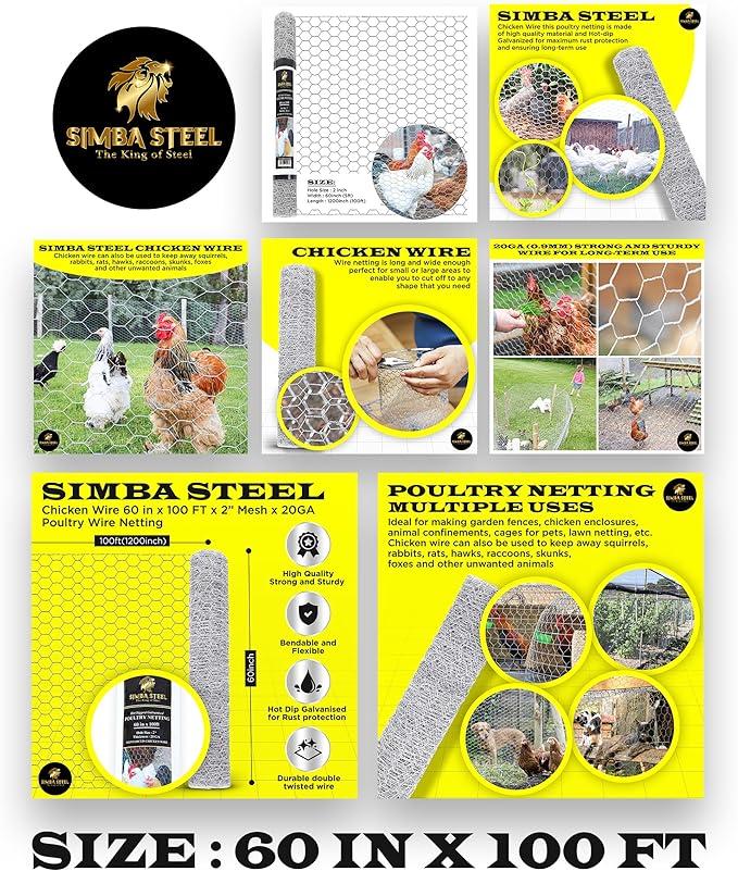 Chicken Wire 60 in x 100 FT x 2” Mesh x 20GA | Poultry Wire Netting | Hot Dipped Galvanised | Hexagonal Galvanized Mesh for Chicken Coop, Rabbit Cage, Fence Barrier PM60x100x2