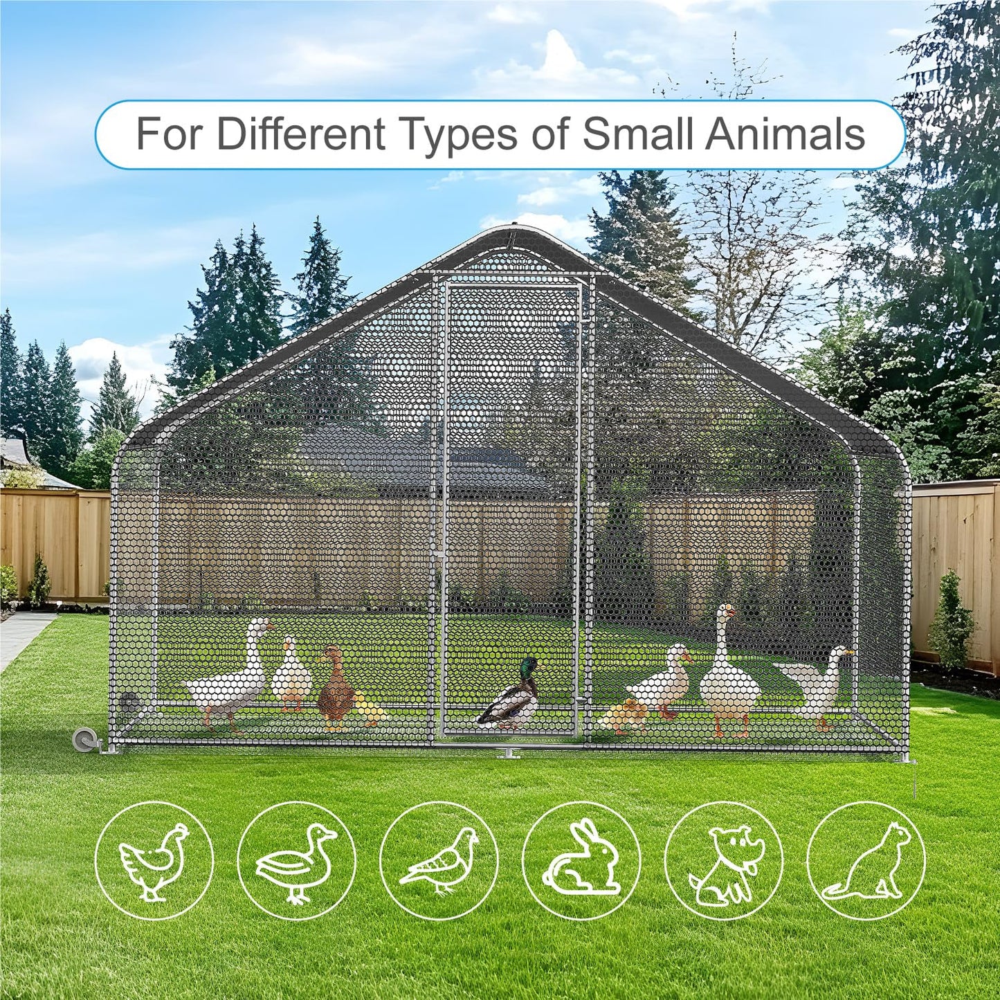 PETS TUFF Chicken Chalet - Chicken Coop for Chickens, Ducks, Rabbits & More - Predator-Resistant, Strong Wire with Mesh Bottom - Wheels for Easy Moving - Wind & Snow Durable Chicken Pen - 124”x81”x79”