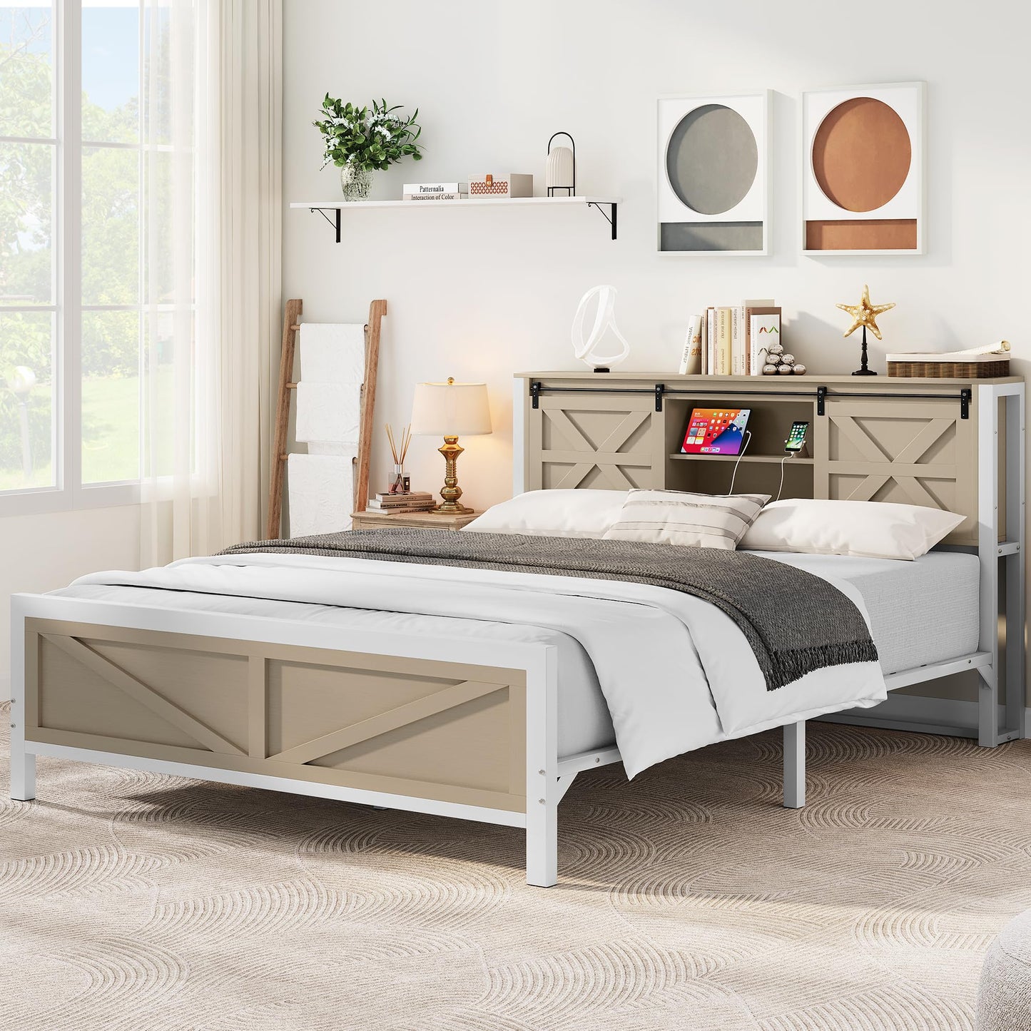 YITAHOME Farmhouse Queen Size Bed Frame w/Storage Bookcase Headboard, Sliding Barn Door, Charging Station, Rustic Wood Platform Bed w/Wood Slats Support, No Box Spring Needed, Oak