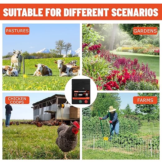 Electric Fence Charger AC Powered 100 Miles 300 Acres, 110 Volt 6.7 Joule Plug-in Electric Fence Energizer, Output Voltage Max 10.2 kV for Livestock, Preventing Predators from Intruding