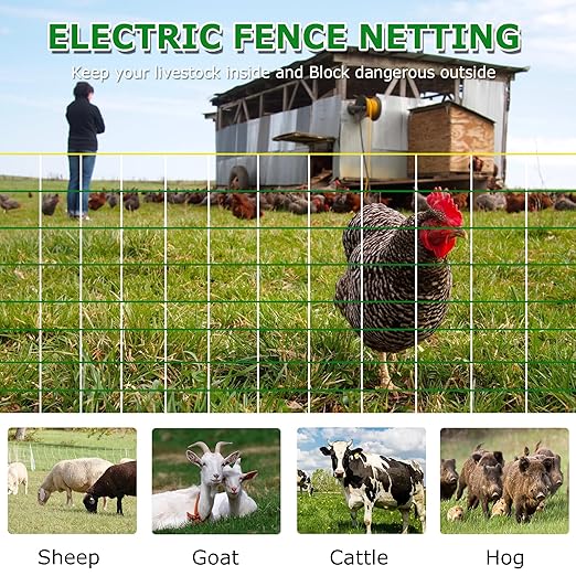 Electric Fence Netting - Chicken Fences for The Yard Semi-Rigid Net for Livestock or Poultry Fence Double Spiked Poultry Netting Fence Electric Portable 35" H x 164' L, 14 Posts