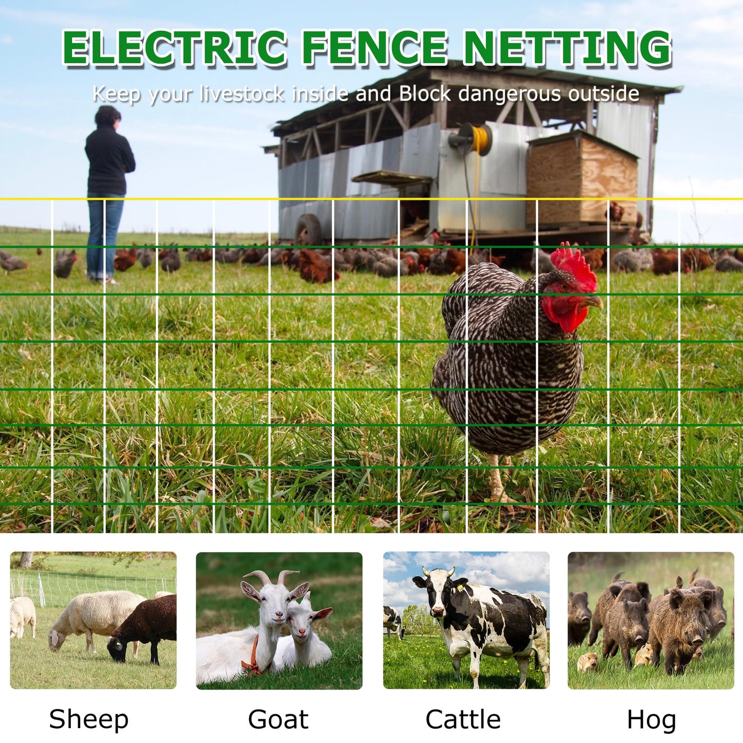 Electric Fence Netting - Chicken Fences for The Yard Semi-Rigid Net for Livestock or Poultry Fence Double Spiked Poultry Netting Fence Electric Portable 35" H x 164' L, 14 Posts