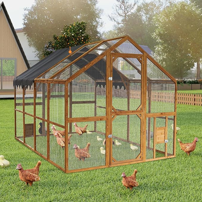 109.6'' Large Wood Chicken Coop Enclosures,Walk-in Poultry Cage, Chicken Run Pen Duck House with Waterproof and Anti-Ultraviolet Cover for Outdoor Farm Use Spire Roof, Yellow