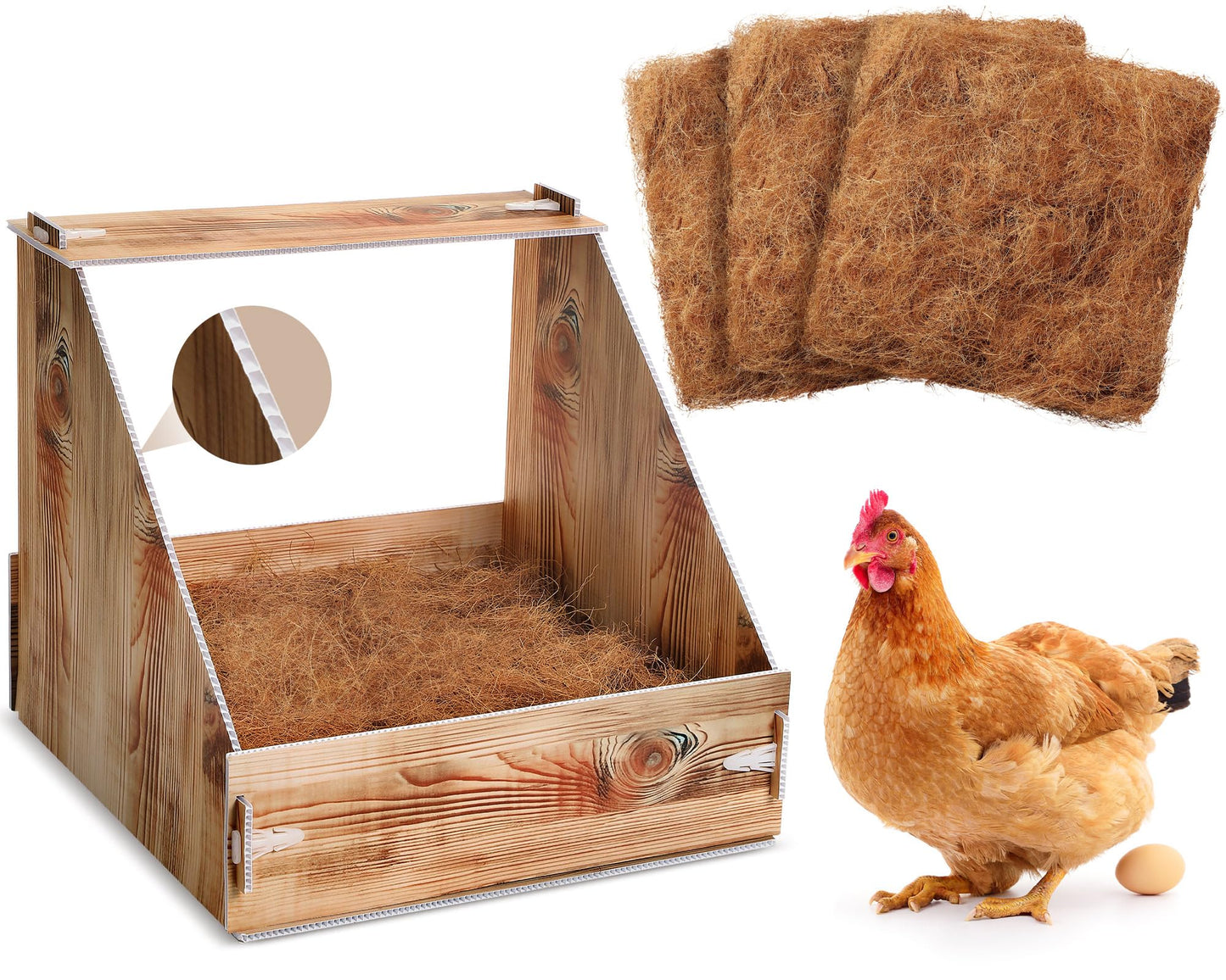 Teenyyou Chicken Nesting Box with 3 Pads for Laying Eggs Plastic Hen Nest Box Wooden Surface Chicken Coop Laying Boxes for Hen Duck Poultry