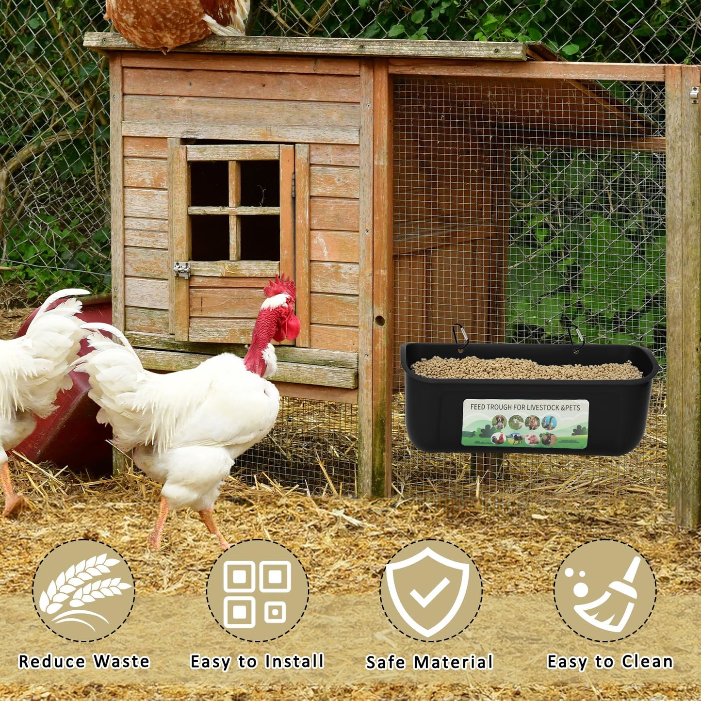 6 Pack Fence Feed Feeder 4.5 Quart Hanging Chicken Feeder Trough with Brush & Scoop Black Goat Hanging Fence Feeders Feeder with Hooks Screws & Zip Tie for Livestock Feeding Container Goats Supplies