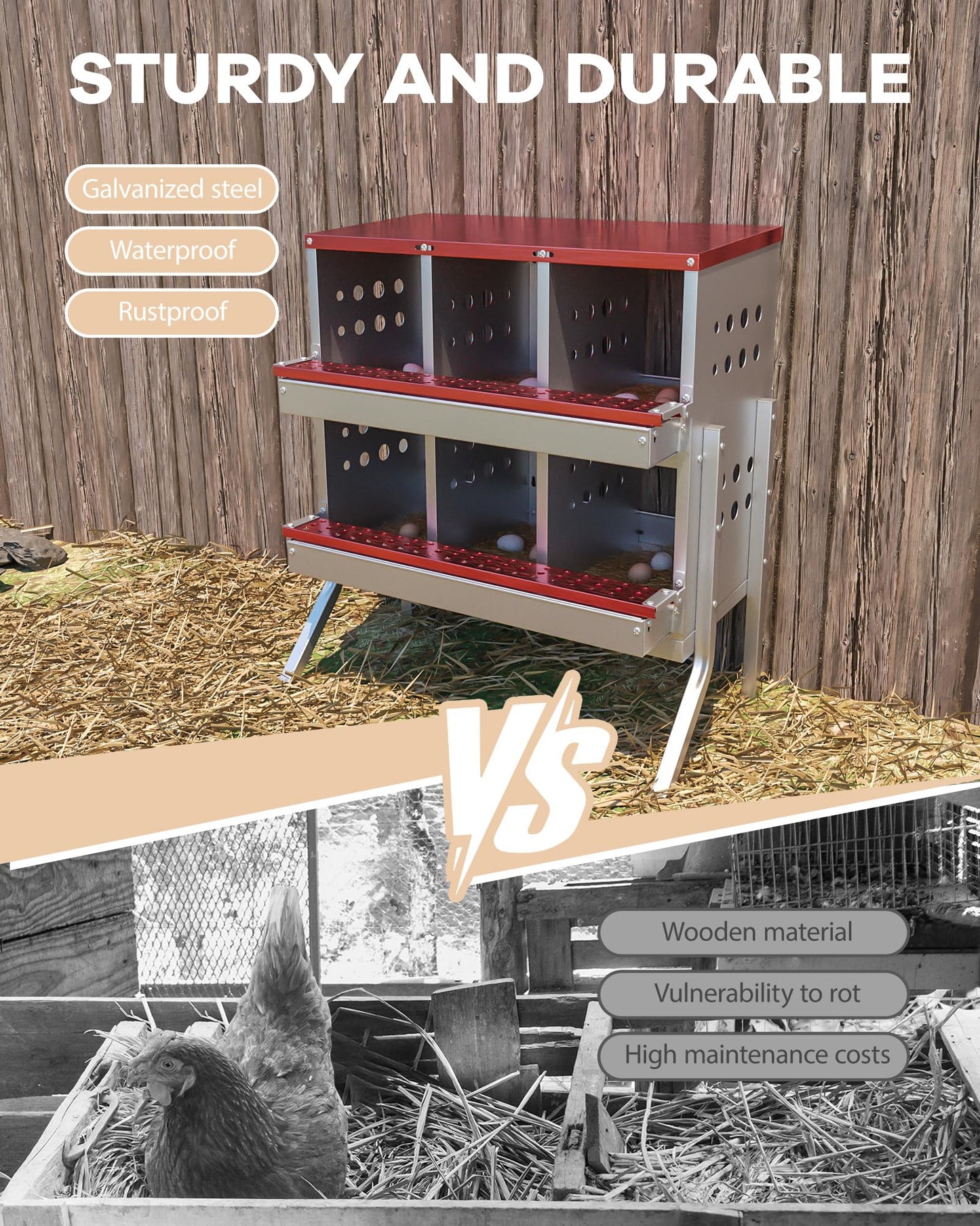GarveeLife Metal Chicken Nesting Box for Laying Eggs, Rustproof Wall-mountable Roll Away Chicken Laying Boxes for Hens, Waterproof, Ventilated with Perch, 6 Compartments with Legs, Red
