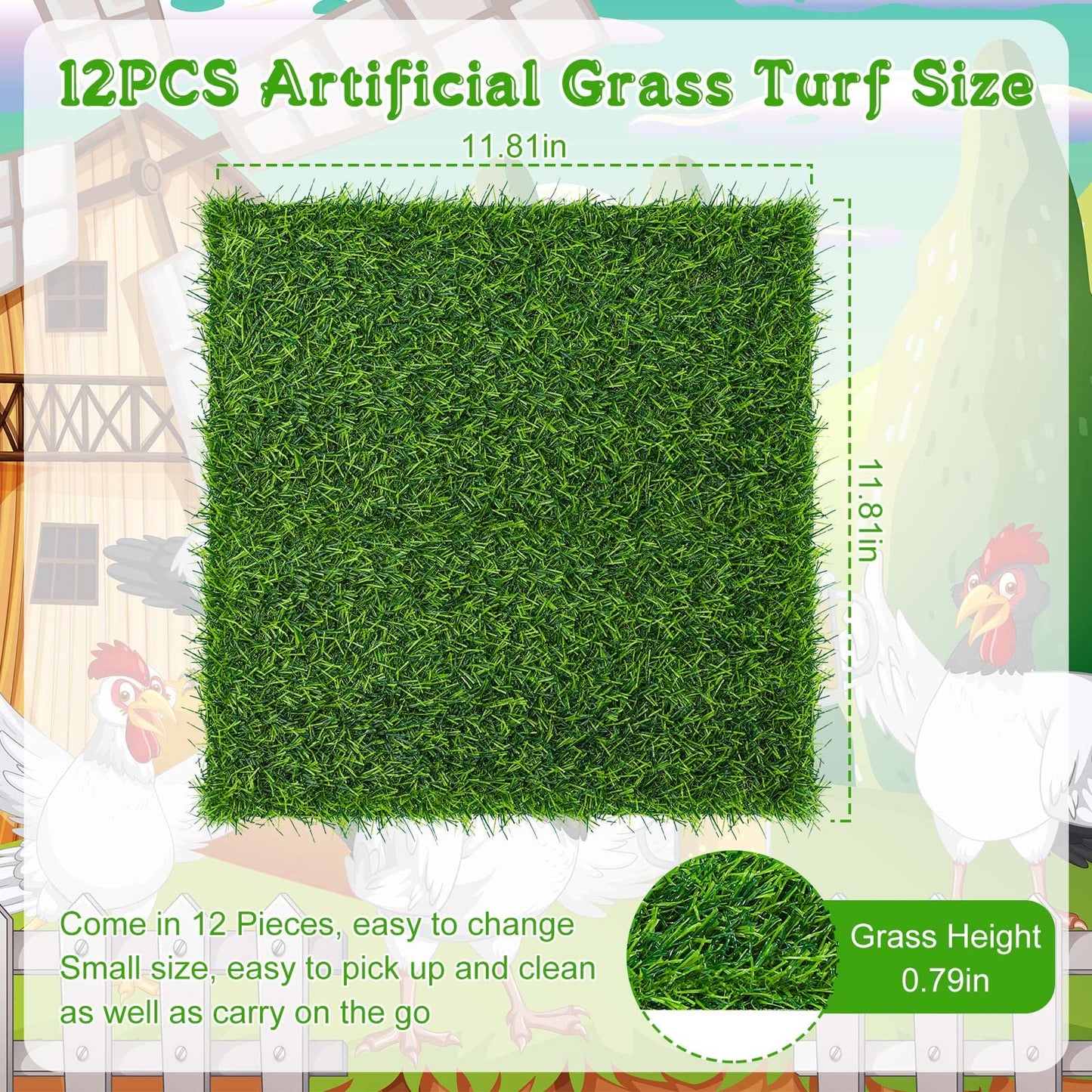 Zhengmy 12 Pcs Chickens Nesting Pads Set Nest Box Bedding Washable Nesting Pads for Chicken Coop, Artificial Grass Rug Carpet Synthetic Turf Mat, 12 x 12 x 1.2 Inches(Green)