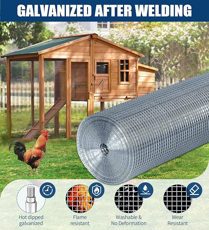 Hardware Cloth 1/2 Inch 16 in x 50 ft 19 Gauge, Hot Dip Galvanized Mesh Rolls Welded Chicken Wire Fencing for Chicken Coop Barrier, Poultry Netting Cage Wire Fence