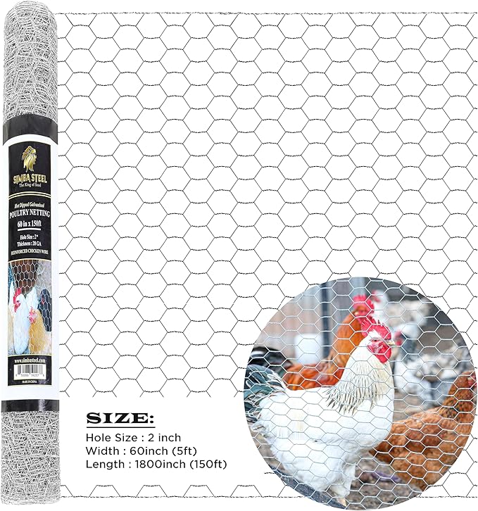 Chicken Wire 60 in x 150 FT x 2” Mesh x 20GA | Poultry Wire Netting | Hot Dipped Galvanised | Hexagonal Galvanized Mesh for Chicken Coop, Rabbit Cage, Fence Barrier PM60x150x2