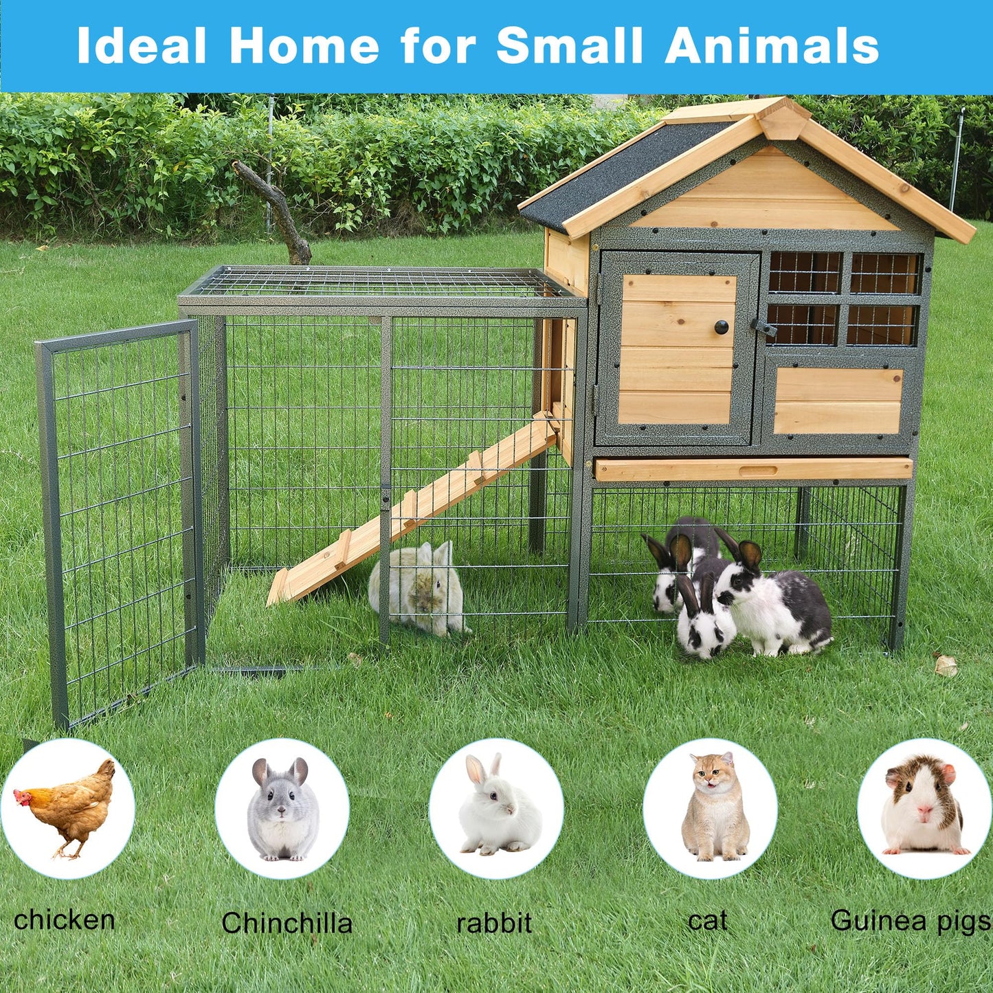 Chicken Coop and Run, Two Story Rabbit Hutch Indoor Outdoor, Waterproof Metal Frame Hen House with Nesting Box Rabbit Cage, Deep No Leak Pull Out Tray, for Chick, Bunny