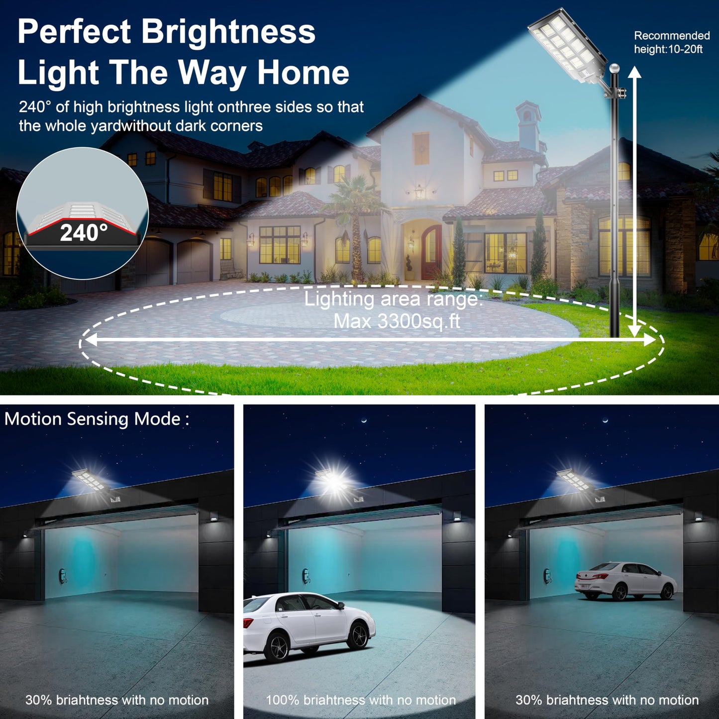 Vzyhik 3-Pack Solar Parking Lot Light - 8000W Solar Street Light 360000LM Dusk to Dawn Street Lights Solar Powered, IP67 Waterproof Solar Wide Angle Lamp with Motion Sensor for Yard, Road