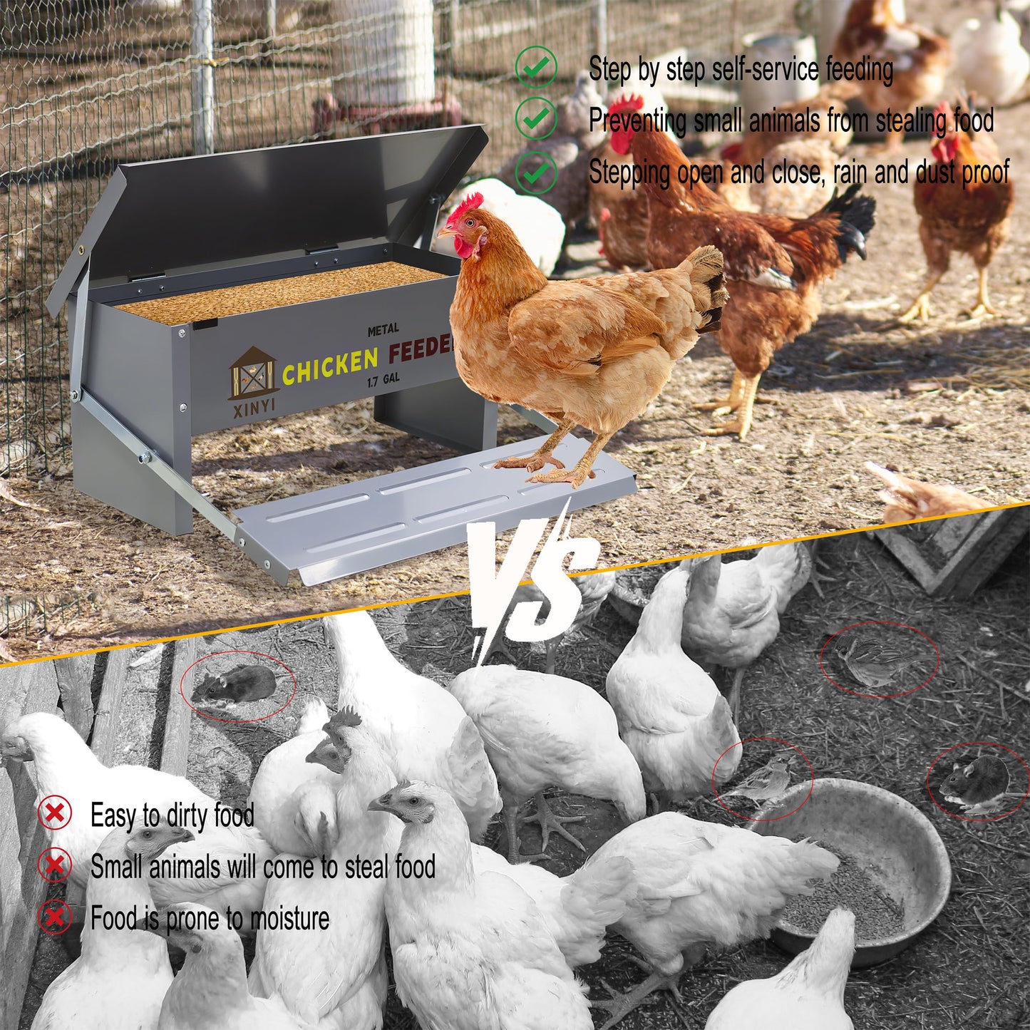 Automatic Treadle Chicken Feeder,12 Lbs No Waste No Spill Rodent Proof Chicken Feeder with Weatherproof Lid,Chicken Supplies for Your Chickens, Duck Feeder 1.7Gal