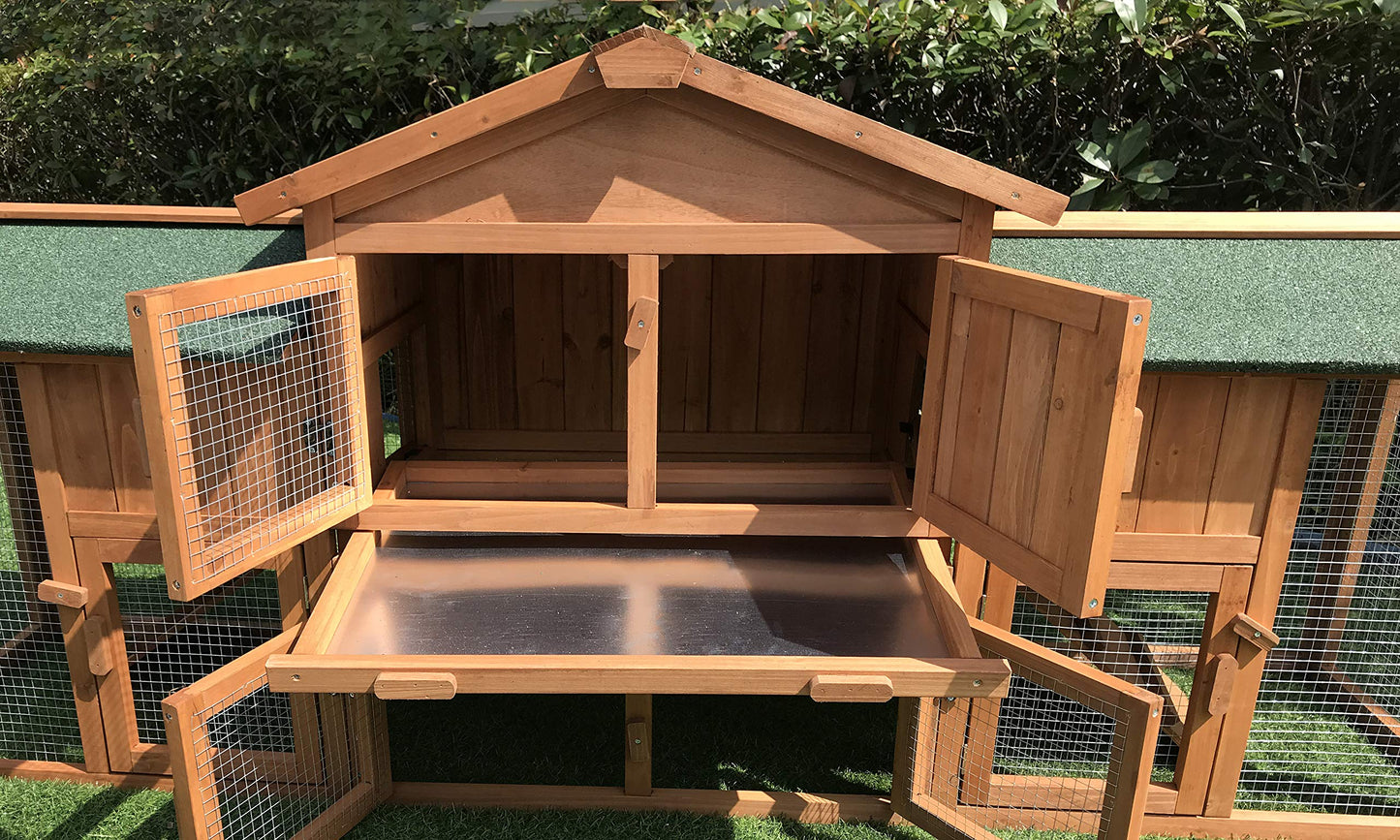 Hanover Durable Two-Level Outdoor Wooden Elevated Rabbit Hutch with Ramp and Large Wire Mesh Run (6.5'x1.7'x2.8') Security Cage for Rabbits, Guinea Pigs with Waterproof Roof, Removable Food Tray