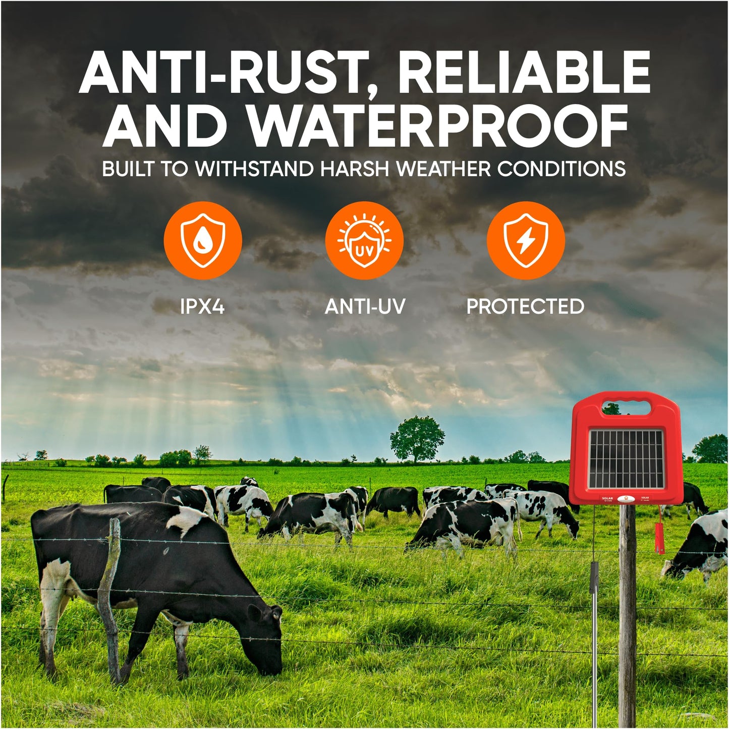 Solar Electric Fence Charger 5 Mile - Solar Powered Energizer for Livestock - Low Impedance Solar Fencer Battery Powered