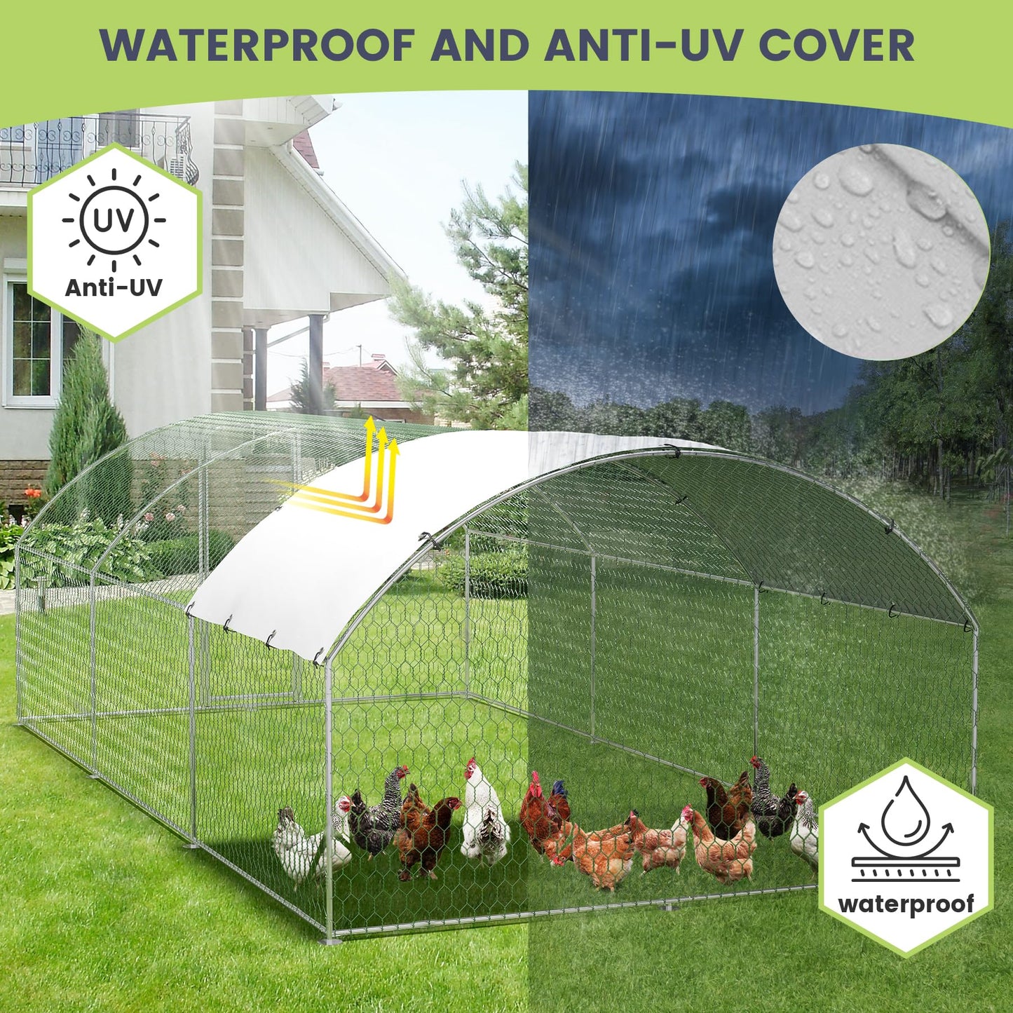 Large Metal Chicken Coop, Doom Roof Chicken Run for Yard, Walk-in Poultry Cage with Waterproof and Anti-Uv Cover, Chicken Pen for Outdoor Backyard Farm (9.8x13.1x6.5FT)