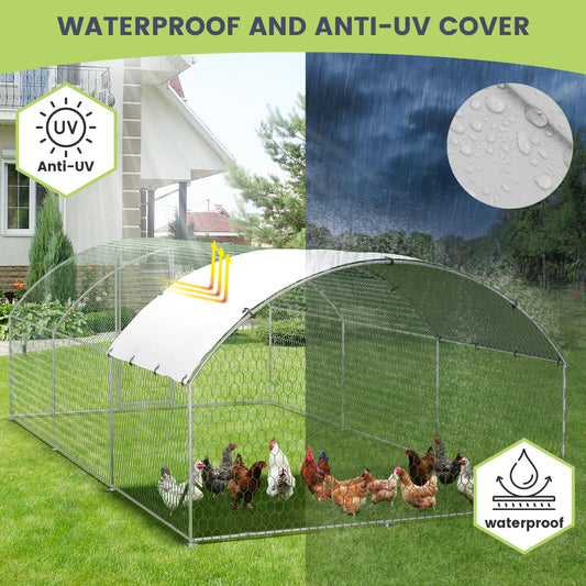 Large Metal Chicken Coop, Doom Roof Chicken Run for Yard, Walk-in Poultry Cage with Waterproof and Anti-Uv Cover, Chicken Pen for Outdoor Backyard Farm (9.8x13.1x6.5FT)