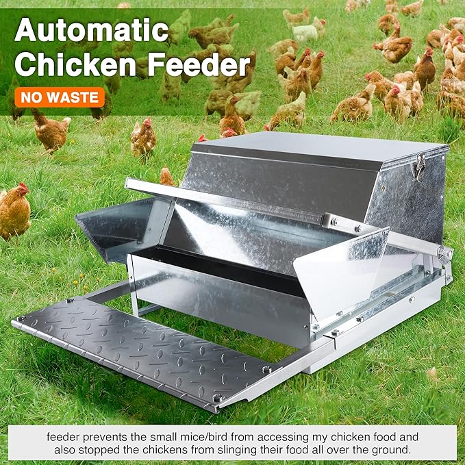 Chicken Feeder Galvanized 25Lbs Capacity Weatherproof Treadle Chicken Feeder Rodent Proof