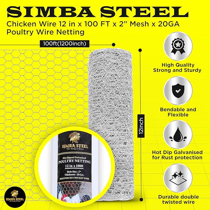 Chicken Wire 12 in x 100 FT x 2” Mesh x 20GA | Poultry Wire Netting | Hot Dipped Galvanised | Hexagonal Galvanized Mesh for Chicken Coop, Rabbit Cage, Fence Barrier PM12x100x2