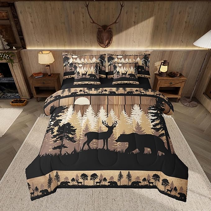 Feelyou Rustic Bear Deer Comforter Set 7 Pieces Wildlife Hunting Theme Bed in a Bag Wild Animal Bedding Set Twin Size Bedroom Decor Wooden Board Bed Set with Comforter, Sheet Set, Pillowcases