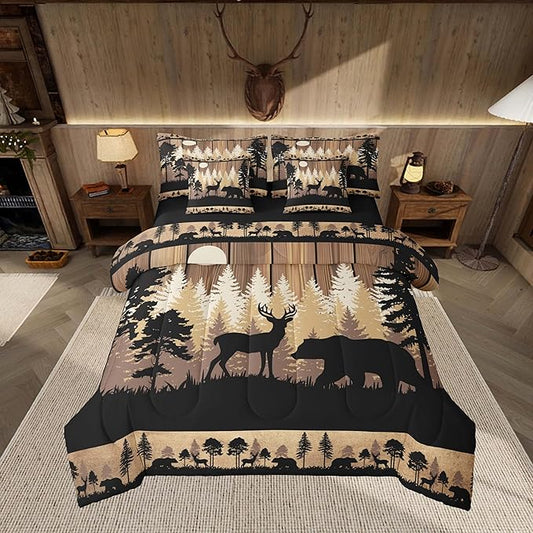 Feelyou Rustic Bear Deer Comforter Set 7 Pieces Wildlife Hunting Theme Bed in a Bag Wild Animal Bedding Set Twin Size Bedroom Decor Wooden Board Bed Set with Comforter, Sheet Set, Pillowcases