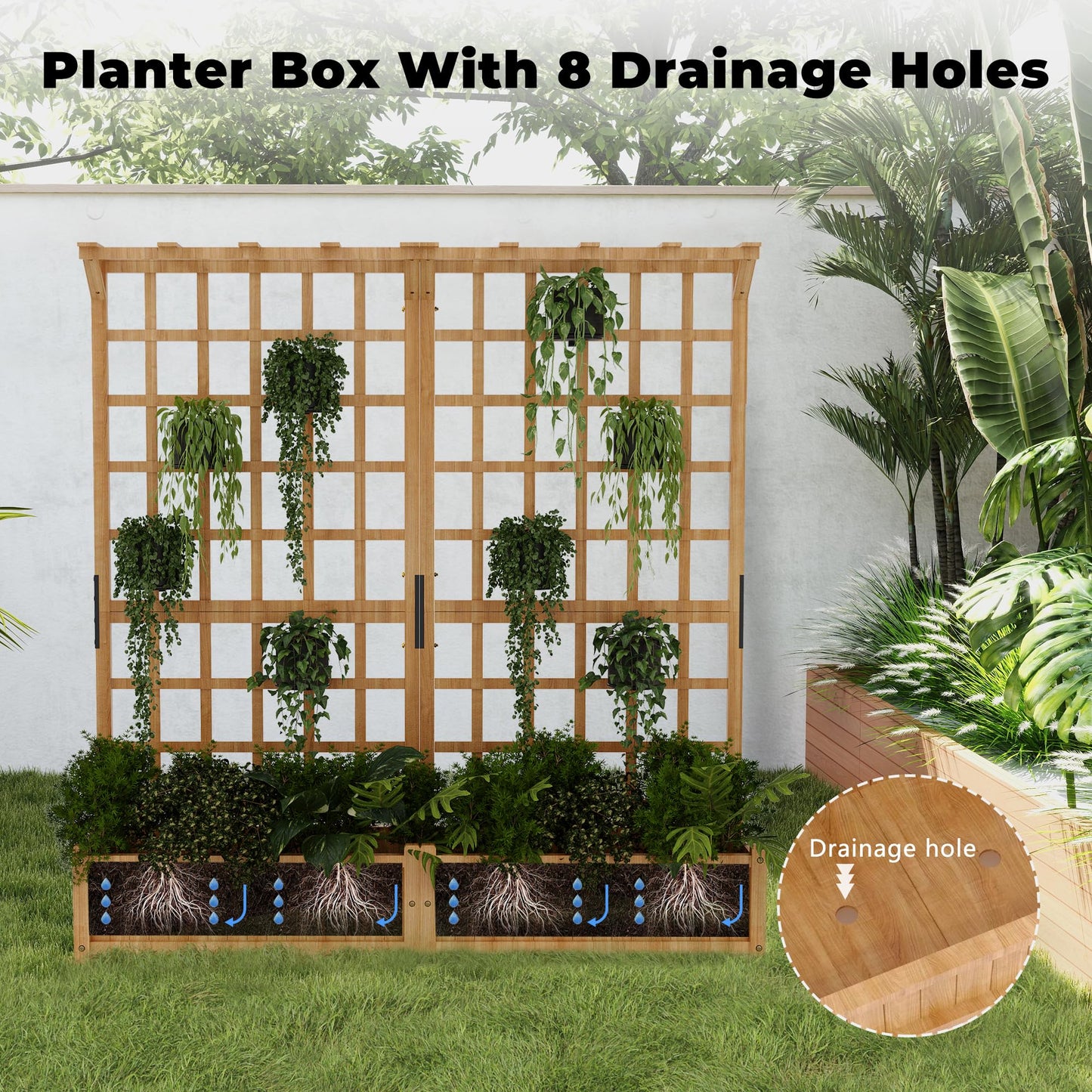 Dual-Section Elevated Wood Planter Box with Trellis - Outdoor Raised Garden Bed with Hanging Roof, 1.4ft Deep Large Planter for Climbing Plants, Vegetables & Flowers (8 Drainage Holes)