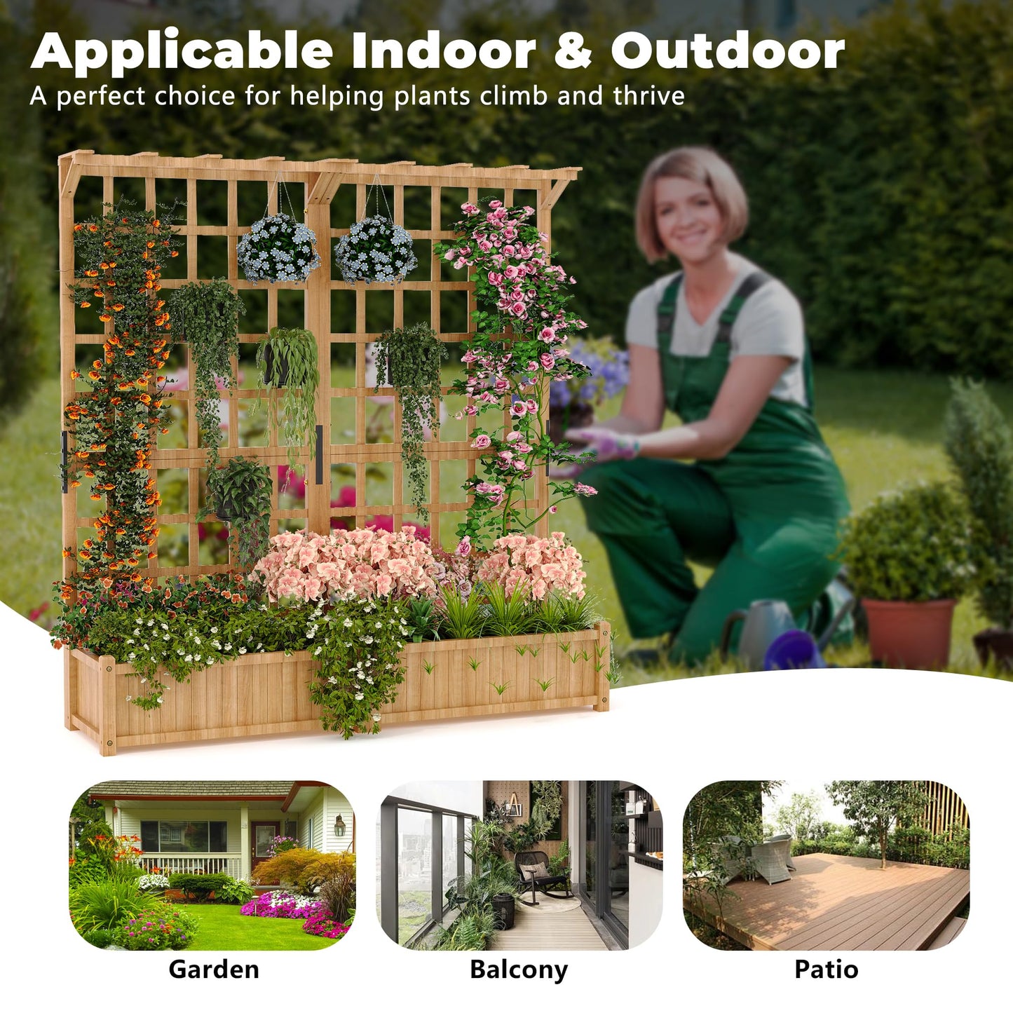 Dual-Section Elevated Wood Planter Box with Trellis - Outdoor Raised Garden Bed with Hanging Roof, 1.4ft Deep Large Planter for Climbing Plants, Vegetables & Flowers (8 Drainage Holes)