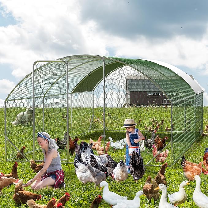 Large Metal Chicken Coop, Upgrade Tri-Supporting Metal Chicken Run, Large Chicken Pen with Waterproof and Anti-UV Cover, for Duck Rabbit House Outdoor (9.8' W x 19.7' L x 6.5' H)