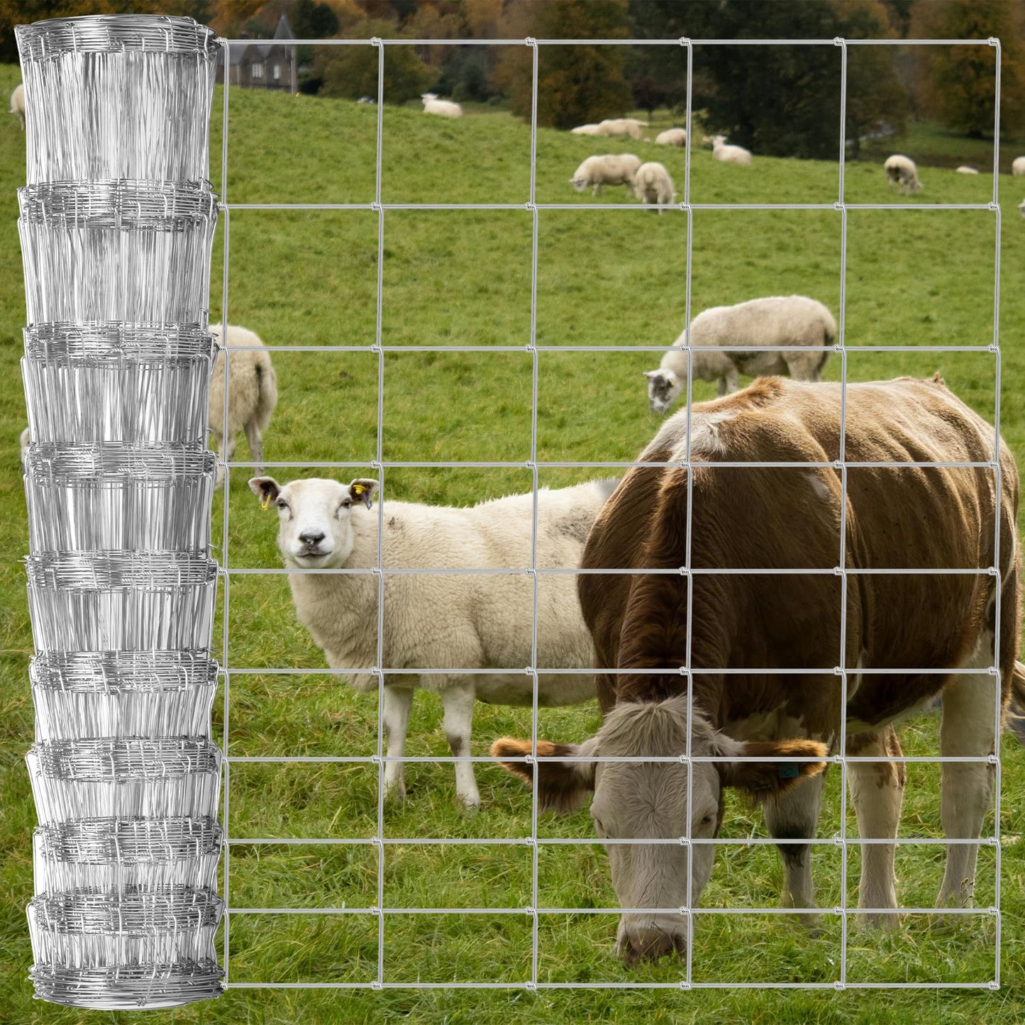 Toriexon Farm Fence 4FT x 164FT, Livestock Fence, Goat Fence, Galvanized Cattle Fence, Heavy Zinc Coating Wire Fencing, Hog Wire Fencing Perfect for Pest Control, Livestock & Animals Protection