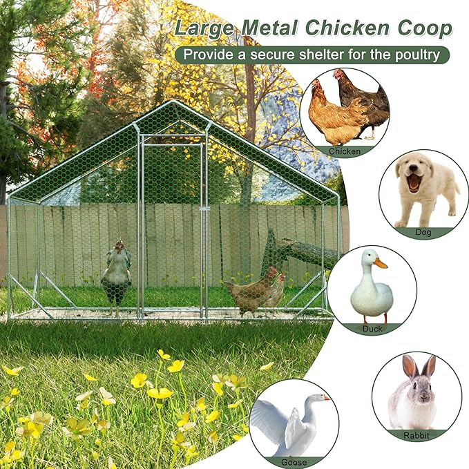 Large Chicken Coop,Metal Chicken Run for Yard with Door,Outdoor Galvanized Wire Poultry Chicken House with Waterproof and Anti-UV Cover,Duck Rabbit Cage (10' L x 6.6' W x 6.56' H)