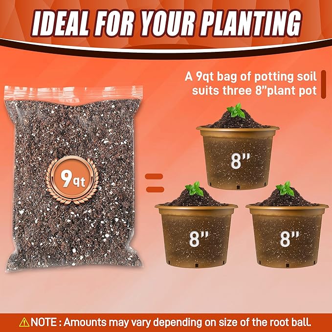 9QT Potting Soil Mix for Indoor Plants - Contains Perlite, Peat Moss, Coco Coir & Rice Charcoal, Natural & Organic Material with Well-Draining, Light & Aerated Texture for Healthy Roots & Fast Growth