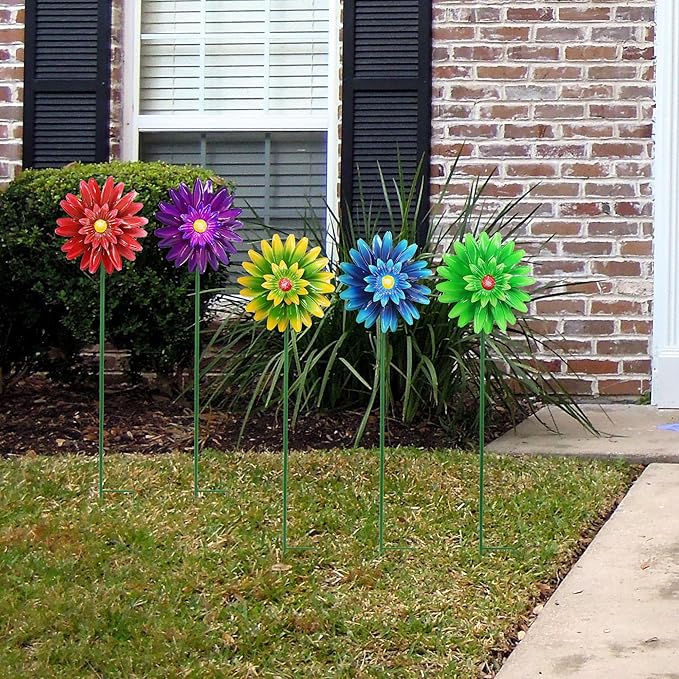 Metal Flower Wind Spinner Garden Lawn Stakes Yard Art, 27inch Lawn Windmill Ornaments Outside Garden Decorations Outdoor for Yard, 5pieces Windmill Gardening Porch Outdoor Summer Decor