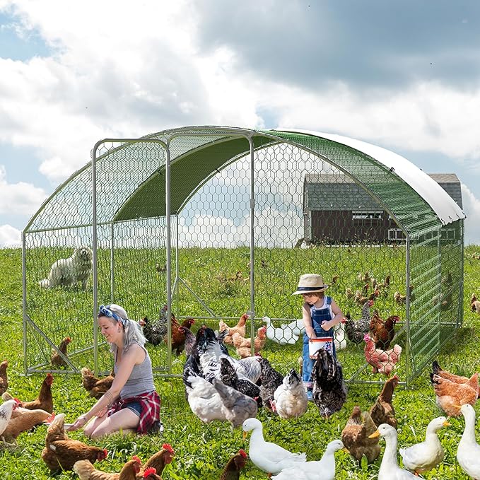 Large Metal Chicken Coop, Dome Shape with Tri-Supporting, Chicken Coop Run with Waterproof and Anti-UV Cover (13.1'L x 9.8'W x 6.6'H)