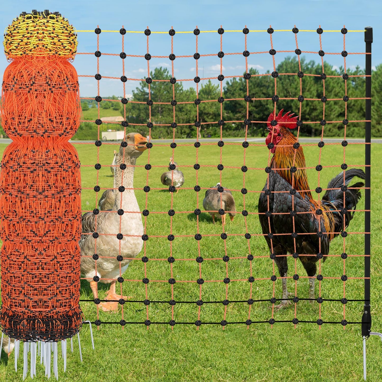 Electric Fence Netting, 48" x 164' Electric Chicken Fence with 16 Posts 2 Spikes, Portable Electric Poultry Netting for Chicken, Duck and Goat, Anti-Predator Electric Fencing in Farms, Ranches
