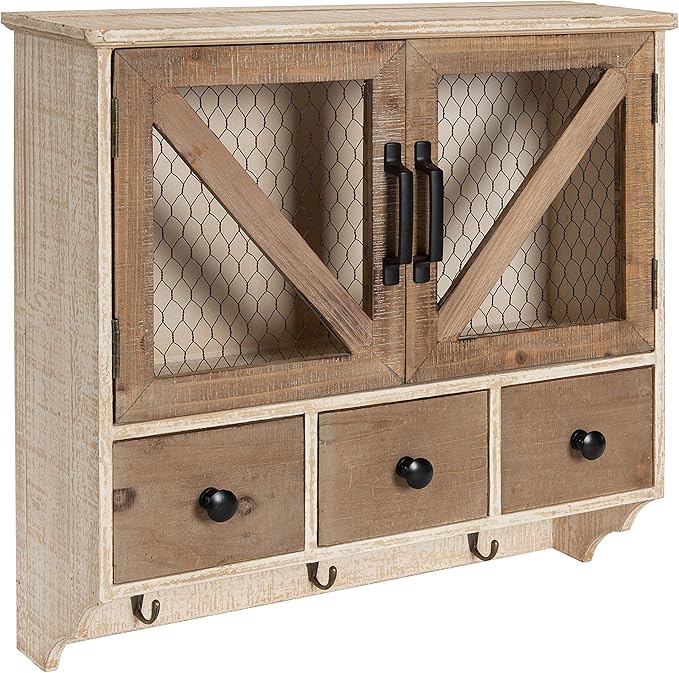 Kate and Laurel Hutchins Wooden Farmhouse Wall Cabinet, 21 x 6 x 20, Rustic Brown and White, Decorative Rustic Cabinet with Three Drawers and 2 Chicken Wire Doors